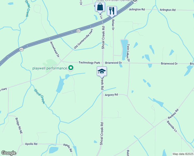 map of restaurants, bars, coffee shops, grocery stores, and more near 2233 Shoal Creek Road in Arab