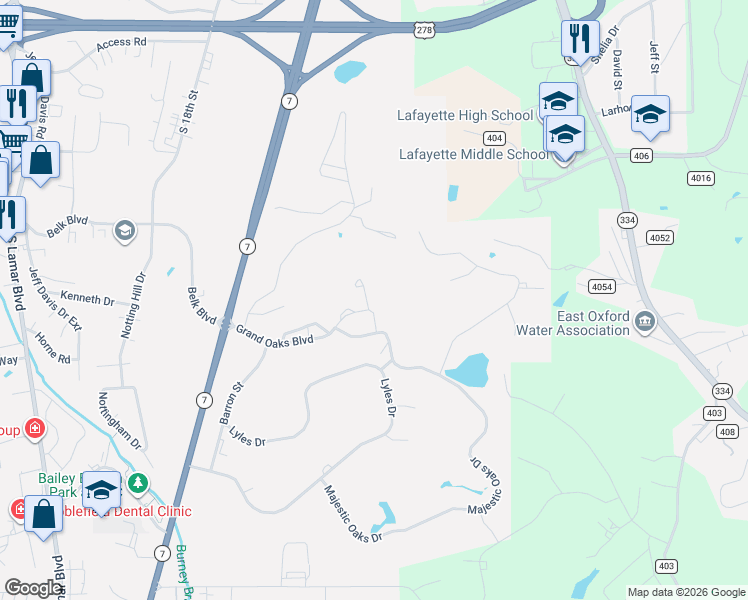 map of restaurants, bars, coffee shops, grocery stores, and more near 121 Majestic Oaks Drive in Oxford