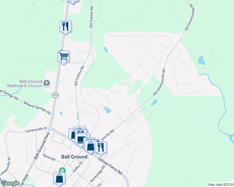 map of restaurants, bars, coffee shops, grocery stores, and more near 285 Old Dawsonville Road in Ball Ground