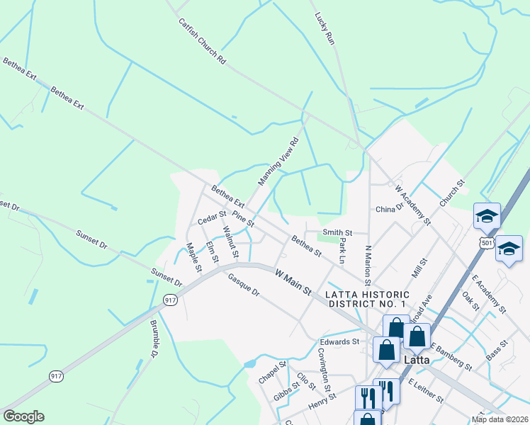 map of restaurants, bars, coffee shops, grocery stores, and more near 202 Pine Street in Latta