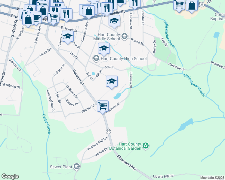 map of restaurants, bars, coffee shops, grocery stores, and more near 162 Hart Terrace in Hartwell