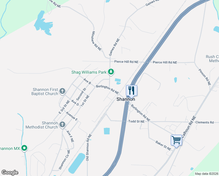 map of restaurants, bars, coffee shops, grocery stores, and more near 347-363 Burlington Road Northeast in Rome