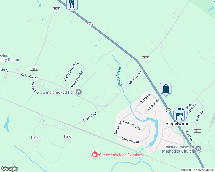 map of restaurants, bars, coffee shops, grocery stores, and more near 173 Christian Lane in Riegelwood