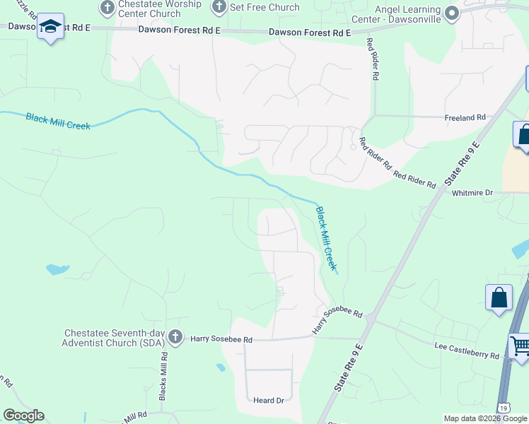 map of restaurants, bars, coffee shops, grocery stores, and more near 85 Valleywood Court in Dawsonville