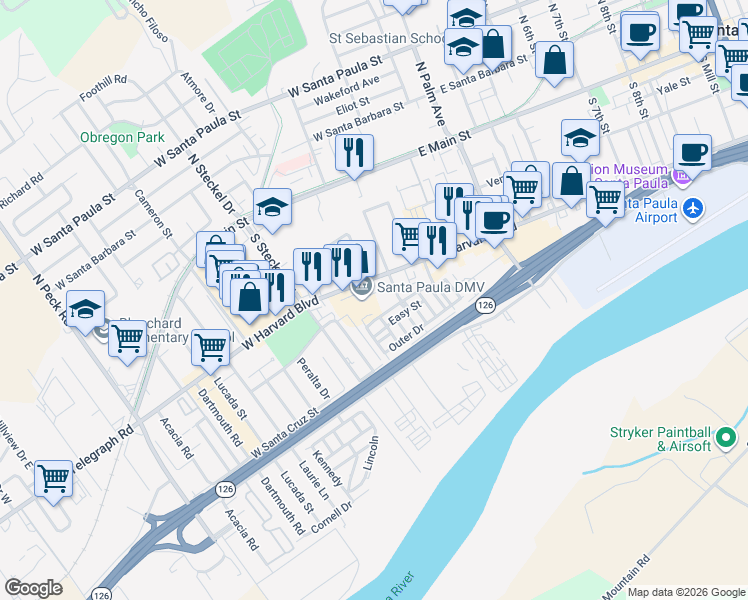 map of restaurants, bars, coffee shops, grocery stores, and more near 5 Outer Drive in Santa Paula