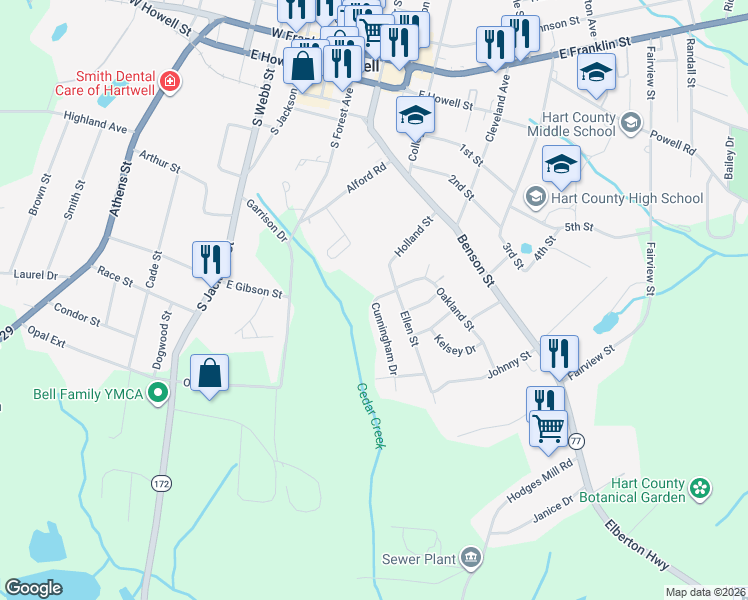 map of restaurants, bars, coffee shops, grocery stores, and more near 55 Cunningham Drive in Hartwell