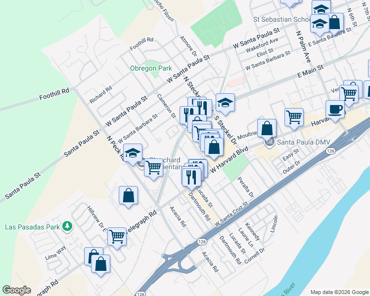 map of restaurants, bars, coffee shops, grocery stores, and more near 644 West Main Street in Santa Paula