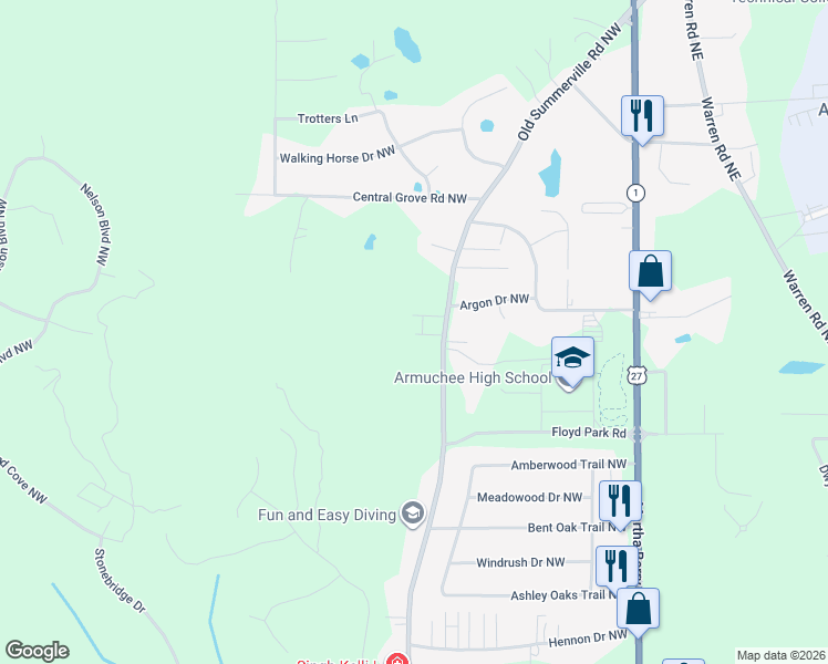 map of restaurants, bars, coffee shops, grocery stores, and more near 1565 Old Summerville Road Northwest in Rome