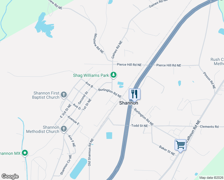 map of restaurants, bars, coffee shops, grocery stores, and more near 347-363 Burlington Road Northeast in Rome