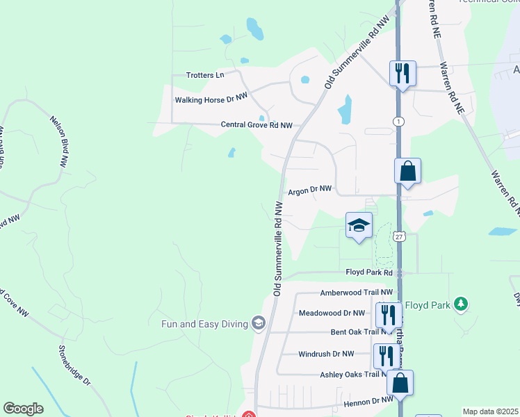 map of restaurants, bars, coffee shops, grocery stores, and more near 1565 Old Summerville Road Northwest in Rome