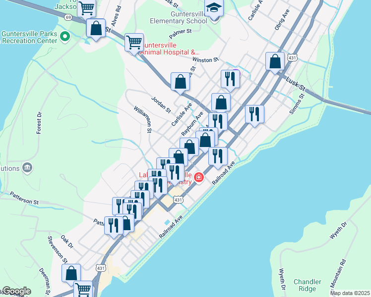 map of restaurants, bars, coffee shops, grocery stores, and more near 1601 Obrig Avenue in Guntersville