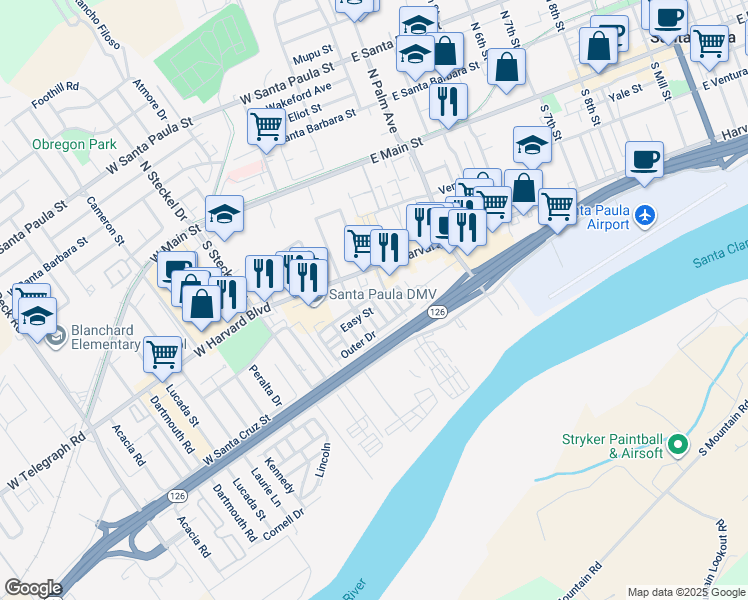 map of restaurants, bars, coffee shops, grocery stores, and more near 33 Outer Drive in Santa Paula