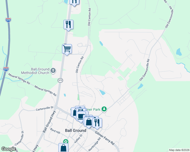 map of restaurants, bars, coffee shops, grocery stores, and more near Mills Lane in Ball Ground