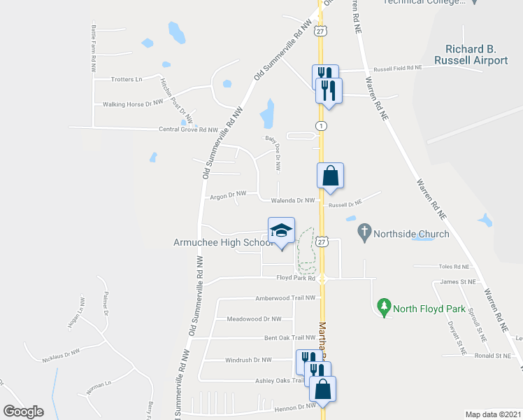 map of restaurants, bars, coffee shops, grocery stores, and more near 95 Walenda Drive Northwest in Rome