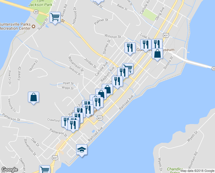 map of restaurants, bars, coffee shops, grocery stores, and more near 1533 Obrig Avenue in Guntersville