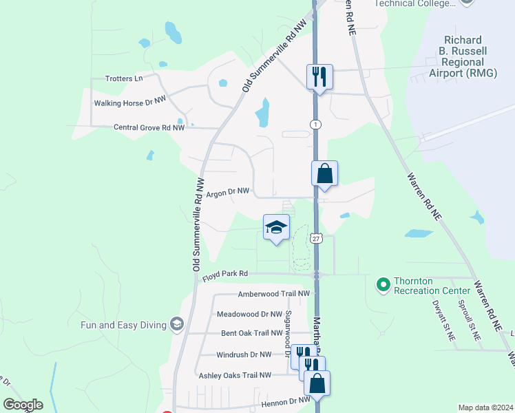 map of restaurants, bars, coffee shops, grocery stores, and more near 95 Walenda Drive Northwest in Rome