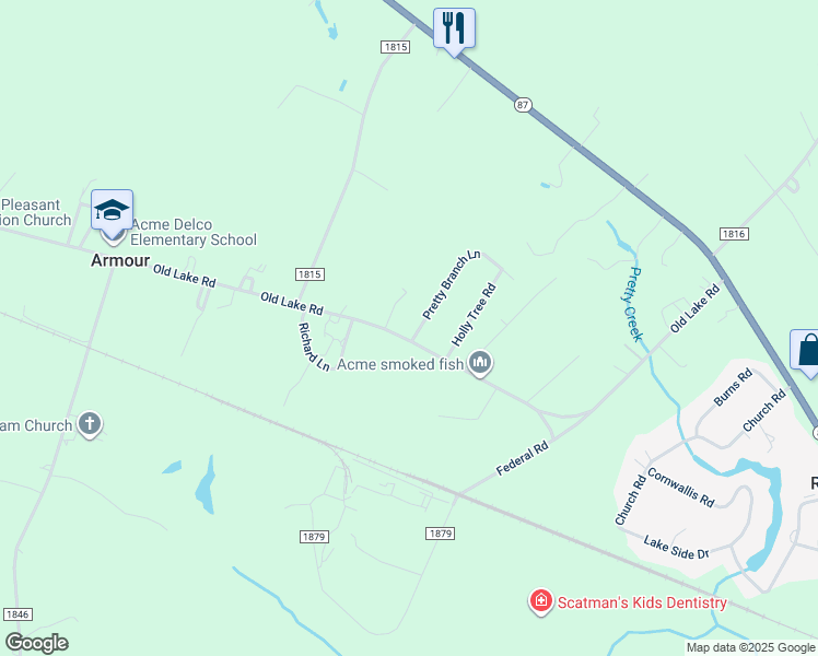 map of restaurants, bars, coffee shops, grocery stores, and more near 16961 Old Lake Road in Riegelwood