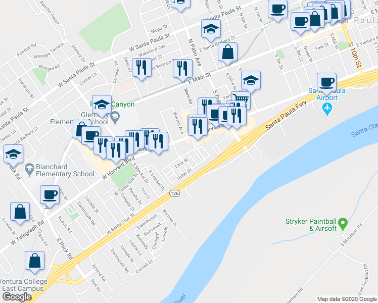 map of restaurants, bars, coffee shops, grocery stores, and more near 33 Outer Drive in Santa Paula