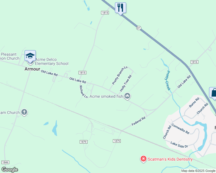 map of restaurants, bars, coffee shops, grocery stores, and more near 16961 Old Lake Road in Riegelwood