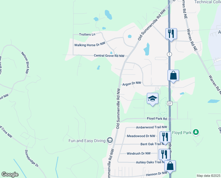 map of restaurants, bars, coffee shops, grocery stores, and more near 1595 Old Summerville Road Northwest in Rome