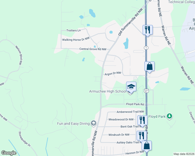map of restaurants, bars, coffee shops, grocery stores, and more near 1595 Old Summerville Road Northwest in Rome