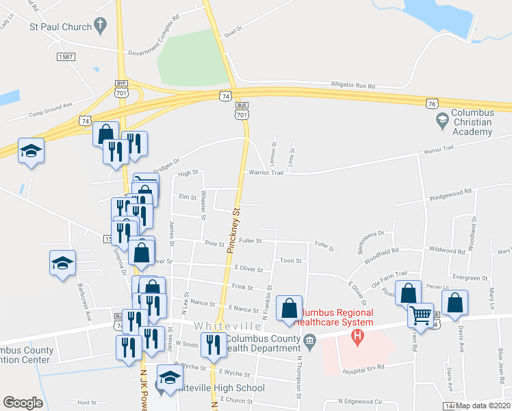 map of restaurants, bars, coffee shops, grocery stores, and more near 5 Liberty Court in Whiteville