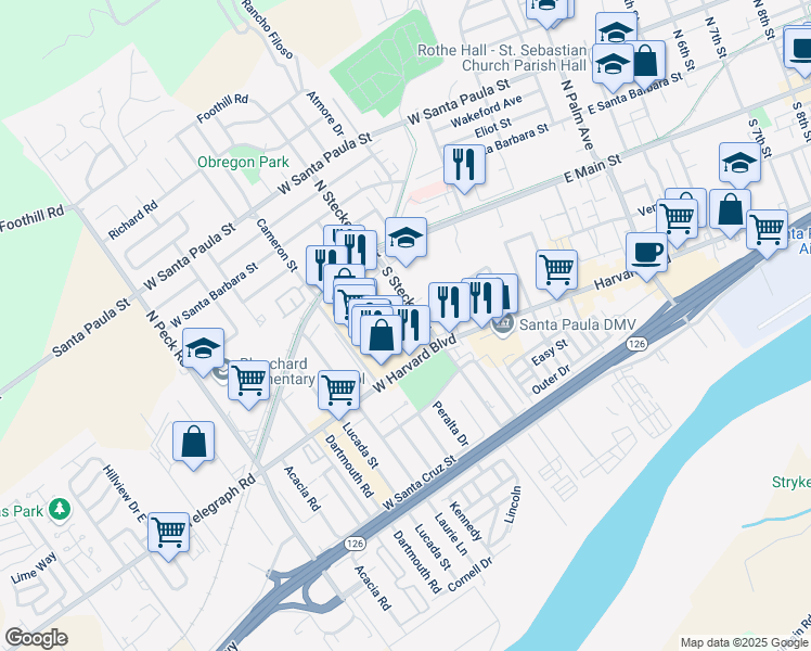 map of restaurants, bars, coffee shops, grocery stores, and more near 234 South Steckel Drive in Santa Paula