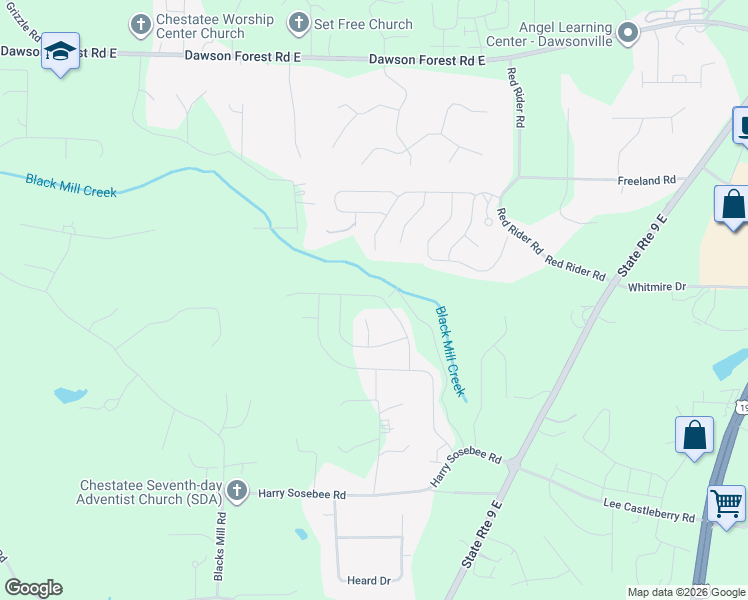 map of restaurants, bars, coffee shops, grocery stores, and more near 262 Barnwood Lane in Dawsonville