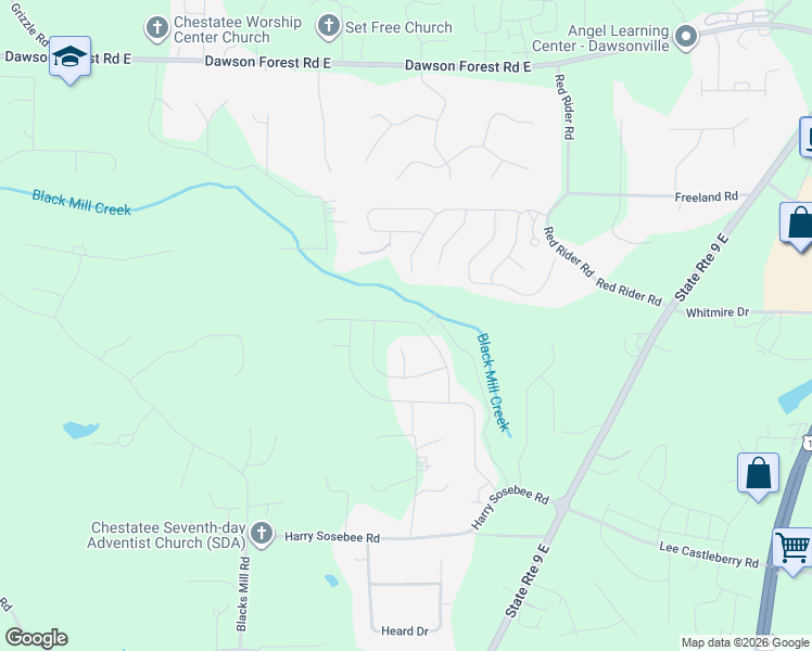 map of restaurants, bars, coffee shops, grocery stores, and more near 85 Valleywood Court in Dawsonville