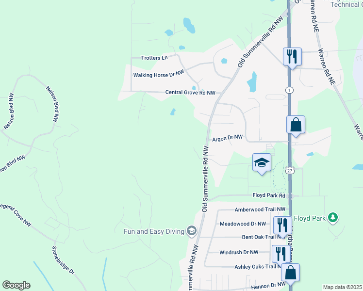 map of restaurants, bars, coffee shops, grocery stores, and more near 1595 Old Summerville Road Northwest in Rome