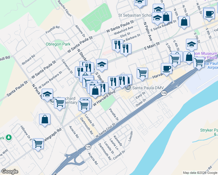 map of restaurants, bars, coffee shops, grocery stores, and more near 352 Moultrie Place in Santa Paula