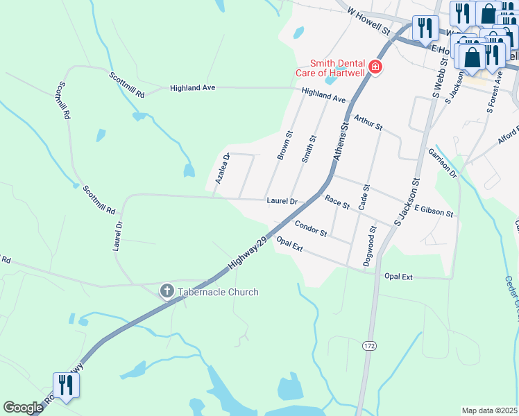 map of restaurants, bars, coffee shops, grocery stores, and more near 209-299 Laurel Drive in Hartwell