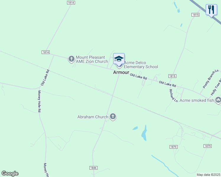 map of restaurants, bars, coffee shops, grocery stores, and more near 1639 Sand Hole Road in Riegelwood