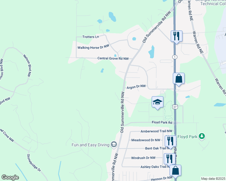 map of restaurants, bars, coffee shops, grocery stores, and more near 1595 Old Summerville Road Northwest in Rome