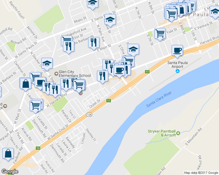 map of restaurants, bars, coffee shops, grocery stores, and more near 103 Santa Anna Street in Santa Paula