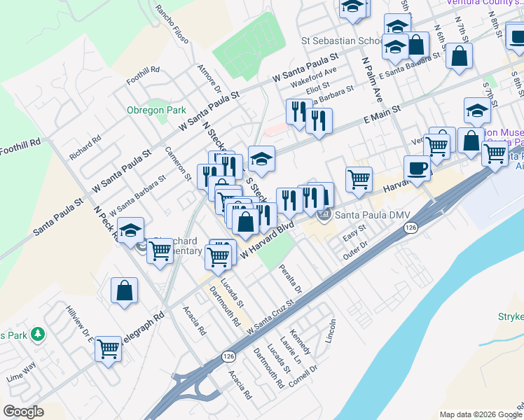 map of restaurants, bars, coffee shops, grocery stores, and more near 222 South Steckel Drive in Santa Paula