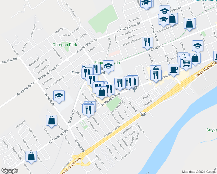 map of restaurants, bars, coffee shops, grocery stores, and more near 222 South Steckel Drive in Santa Paula