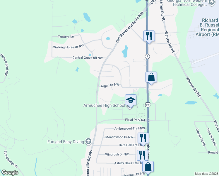 map of restaurants, bars, coffee shops, grocery stores, and more near 7 Argon Drive Northwest in Rome