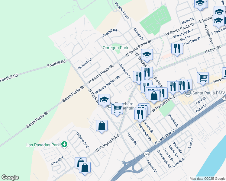 map of restaurants, bars, coffee shops, grocery stores, and more near 141 Walden Street in Santa Paula