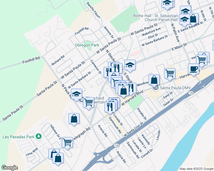 map of restaurants, bars, coffee shops, grocery stores, and more near 605 Elfred Court in Santa Paula