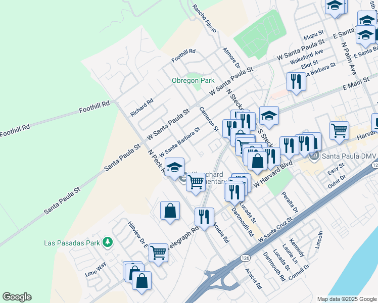 map of restaurants, bars, coffee shops, grocery stores, and more near 141 Walden Street in Santa Paula