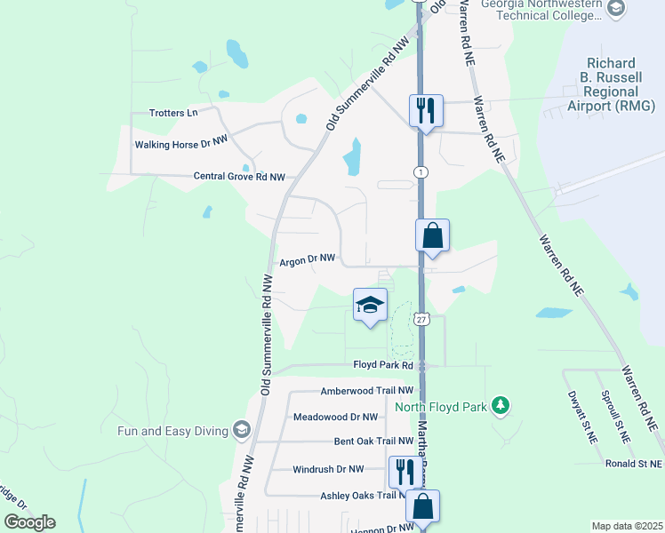 map of restaurants, bars, coffee shops, grocery stores, and more near 95 Walenda Drive Northwest in Rome