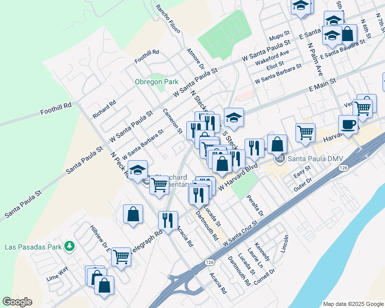map of restaurants, bars, coffee shops, grocery stores, and more near 605 Elfred Court in Santa Paula