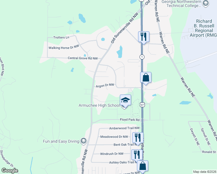 map of restaurants, bars, coffee shops, grocery stores, and more near 7 Argon Drive Northwest in Rome