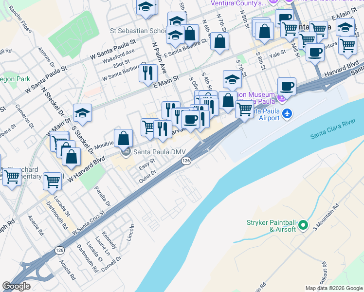 map of restaurants, bars, coffee shops, grocery stores, and more near 134 Santa Anna Street in Santa Paula