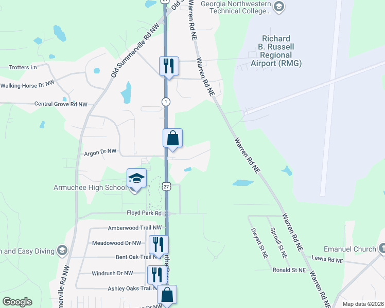 map of restaurants, bars, coffee shops, grocery stores, and more near 65 Russell Drive Northeast in Rome