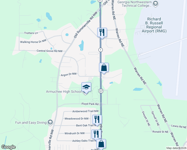map of restaurants, bars, coffee shops, grocery stores, and more near 30 Walenda Drive Northwest in Rome