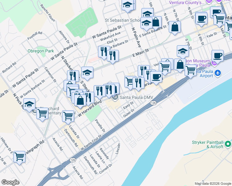 map of restaurants, bars, coffee shops, grocery stores, and more near 247 West Harvard Boulevard in Santa Paula