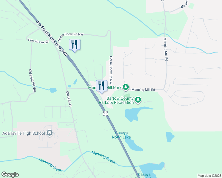 map of restaurants, bars, coffee shops, grocery stores, and more near 198 Manning Mill Road in Adairsville