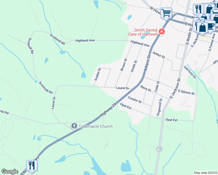 map of restaurants, bars, coffee shops, grocery stores, and more near 299 Laurel Dr in Hartwell